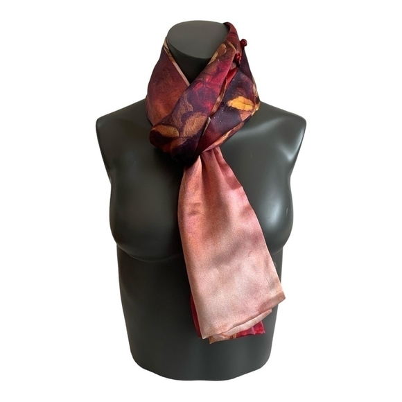 ASILK Red Watercolor Floral Mulberry Silk Scarf Wrap Cover Up NWT - Picture 2 of 9